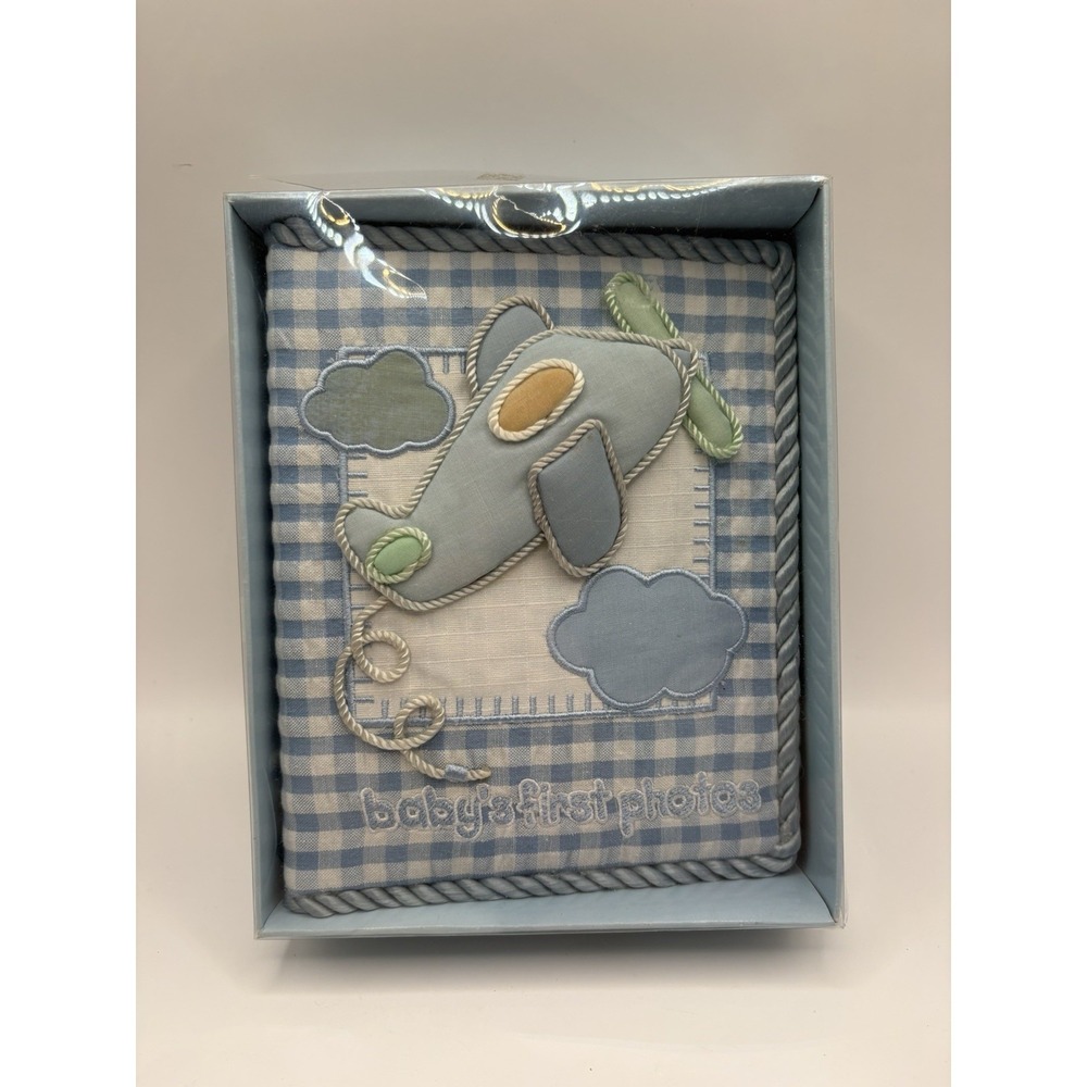 New Baby Photos BRAG BOOK Photo Album Blue Gingham Airplane 4"x6" Plane In Box